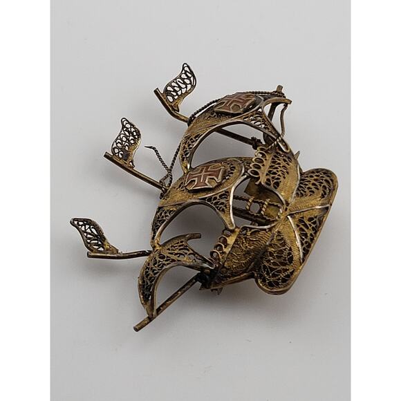 Vintage Portuguese Filigree Ship Brooch Enamel Cross Sails Nautical Pin - Picture 11 of 11